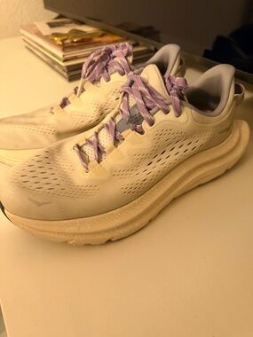 Hoka Women's Cream Running Shoes with Lavender Laces